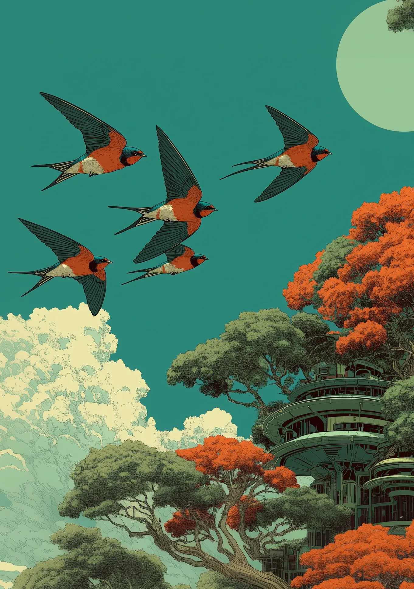 Cooperative AI illustration with birds flying over forest