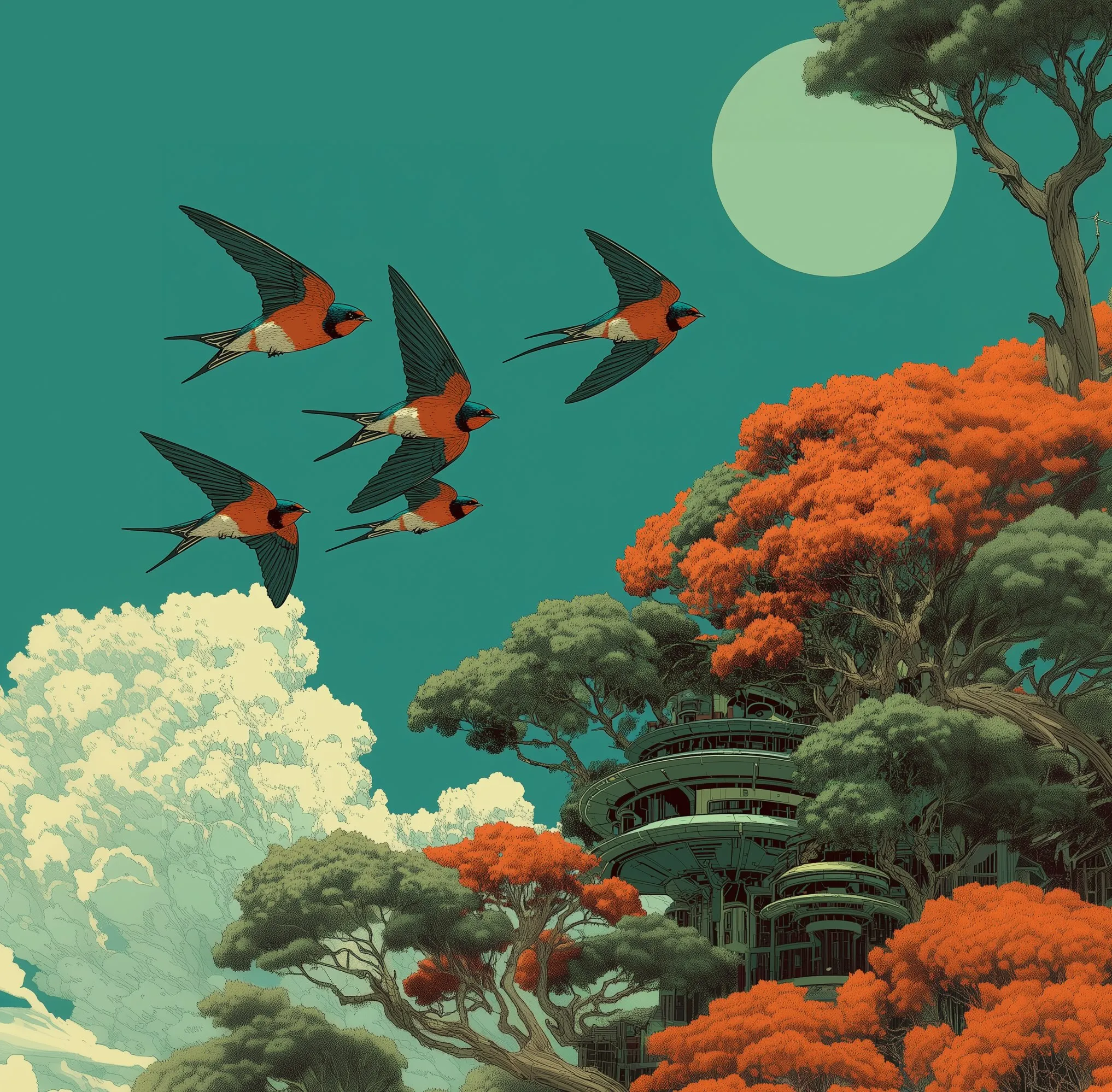 Cooperative AI illustration with birds flying over forest