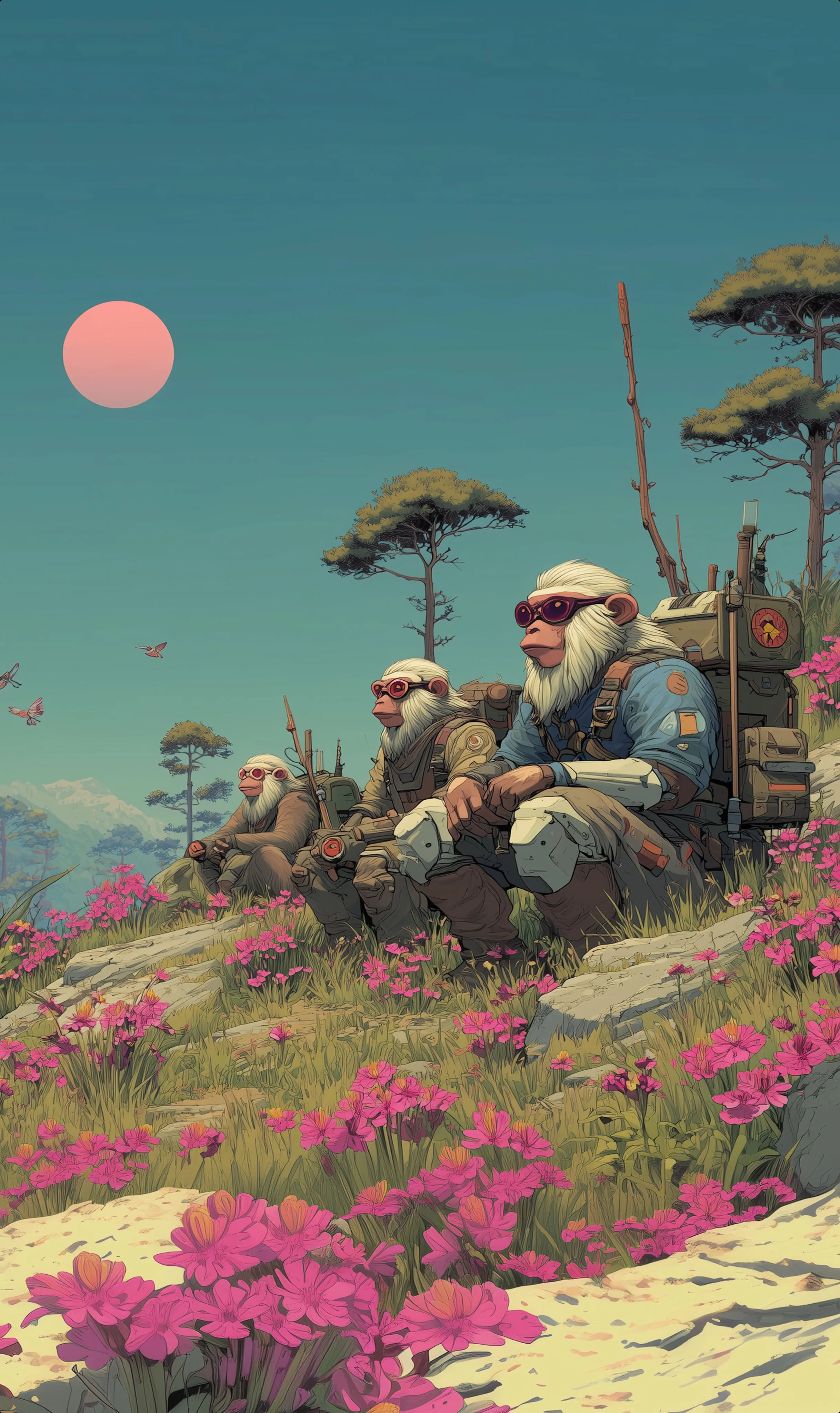 Partnership illustration featuring anthropomorphic monkeys in a natural landscape