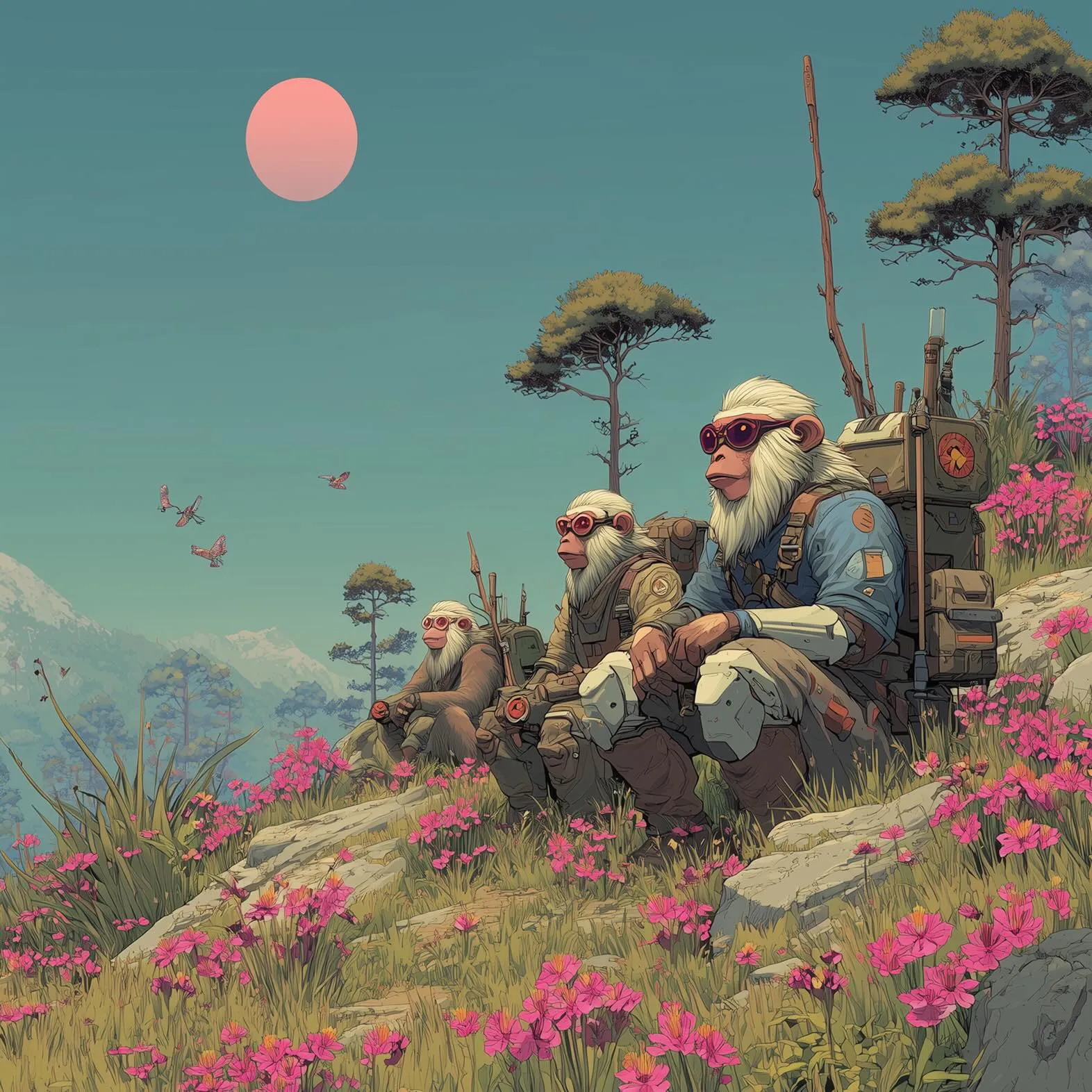 Partnership illustration featuring anthropomorphic monkeys in a natural landscape